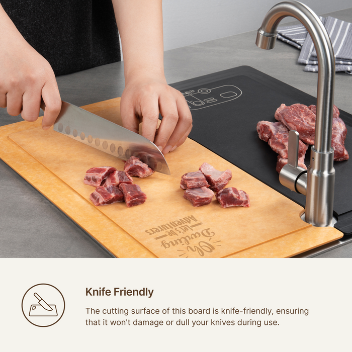 Chef's knife slicing beef on an Elihome Camper Series board, knife-friendly surface that will not dull blades