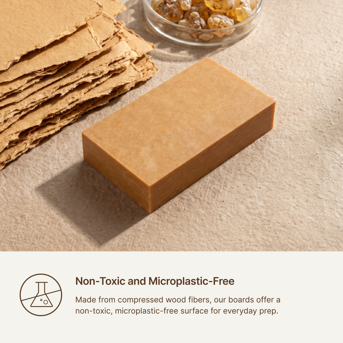 Non-toxic and microplastic-free Elihome board made from compressed wood fibers, shown beside the raw material