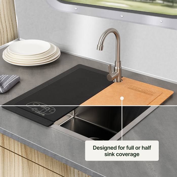 Elihome Camper Series board shown in full and half sink coverage positions on an RV kitchen sink