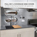 Elihome custom 18x18 inch sink cover shown in full coverage mode on a 2021+ Airstream Flying Cloud square sink, seamlessly extending the countertop space. Text reads: "Full or ½ Coverage Sink Cover. For 2021 or later Flying Cloud 18" x 18" square sink."