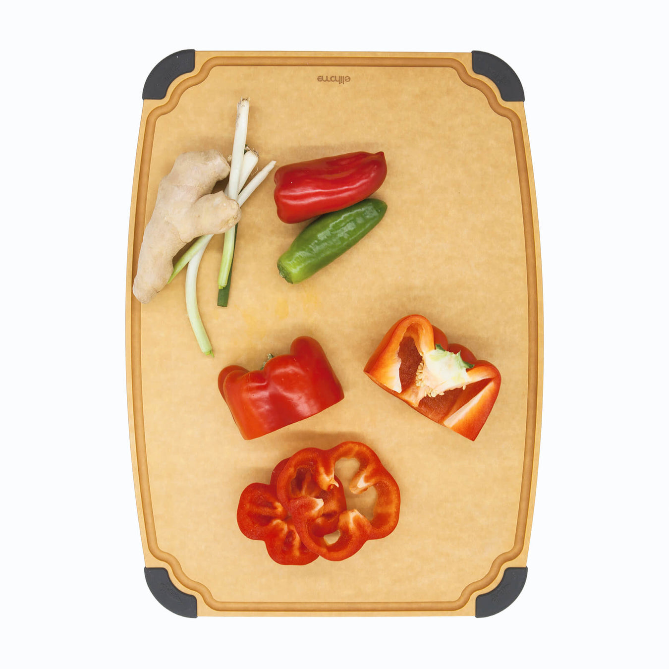 Elihome Essential Series 14x10 inch cutting board with gray corners displaying fresh peppers and vegetables