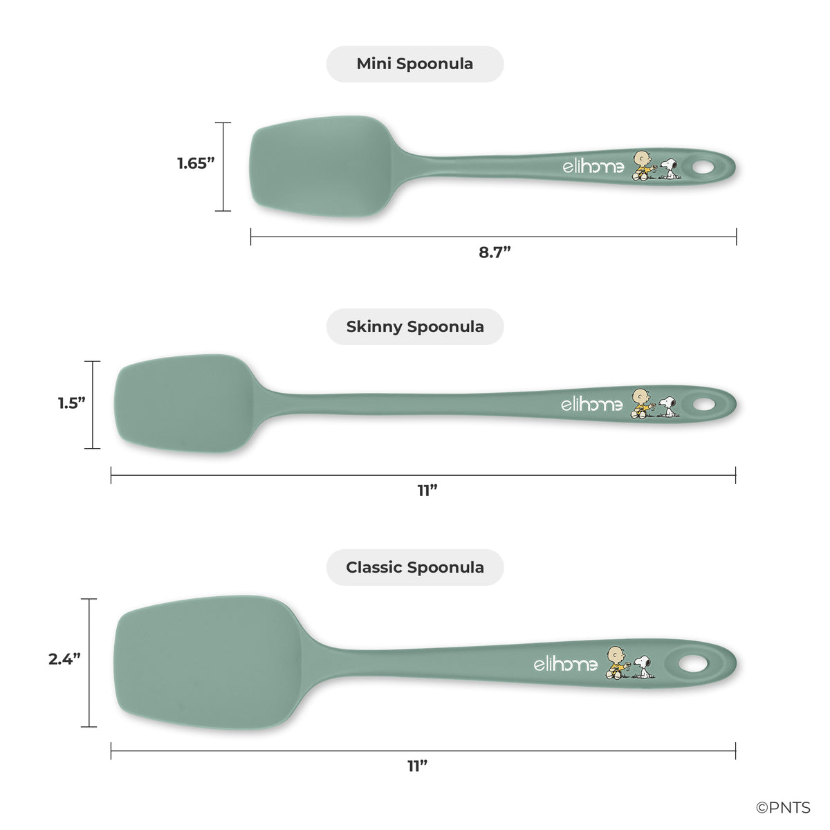 Measurement chart of blue spoonulas with dimensions and 'elthome' branding.