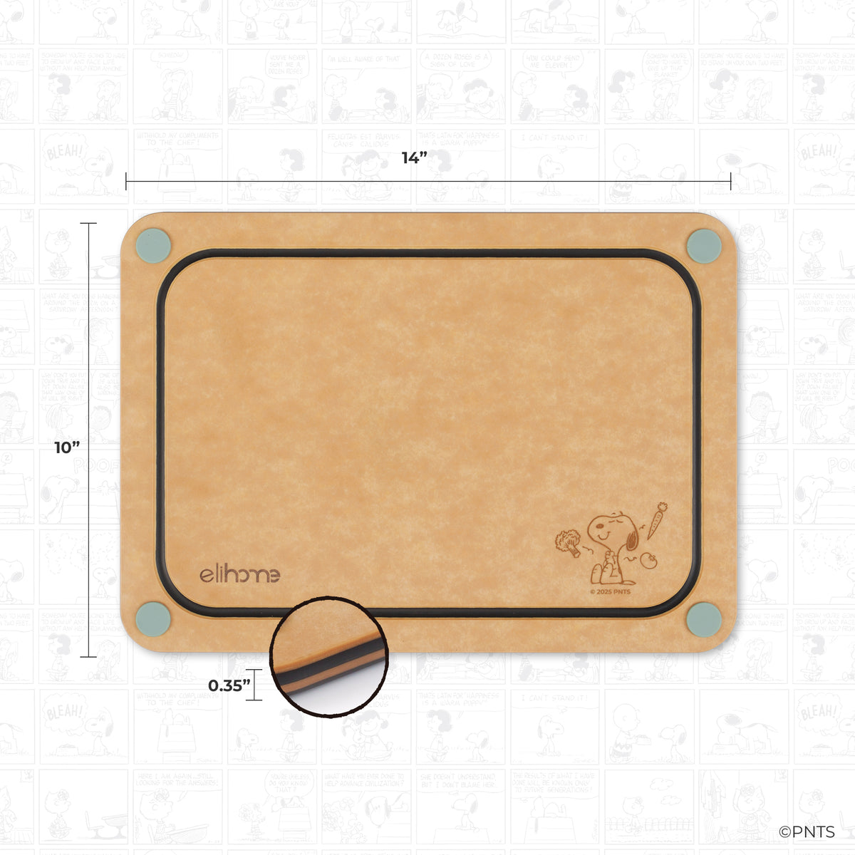 Wooden cutting board with dimensions and a small illustration on a light gray background