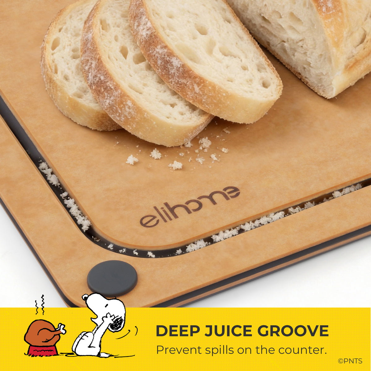 Bread slices on a wooden cutting board with 'eliwich' branding, featuring a cartoon character at the bottom.