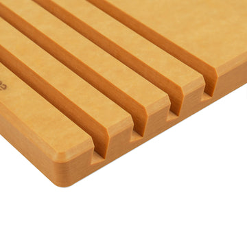 Elihome wood fiber cutting board organizer rack close-up showing slot detail and wood grain texture
