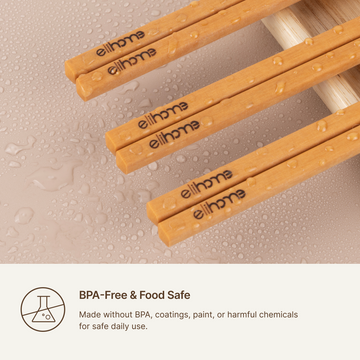Close-up of Elihome wood fiber chopsticks with water droplets, BPA free and food safe, made without BPA, coatings, paint or harmful chemicals