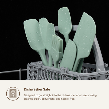 Elihome 3 Piece Silicone Spatula Set standing in a dishwasher rack, designed to go straight into the dishwasher for quick and hassle free cleanup