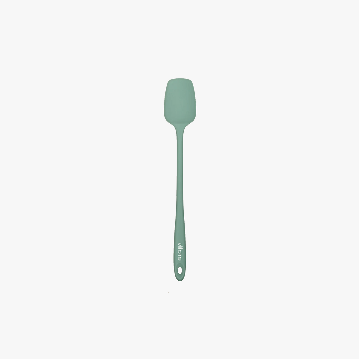 Elihome Skinny Slim Silicone Spoonula in Sage Green, 11 inches by 1.5 inches with seamless one piece design, reinforced steel core and ergonomic non-slip handle