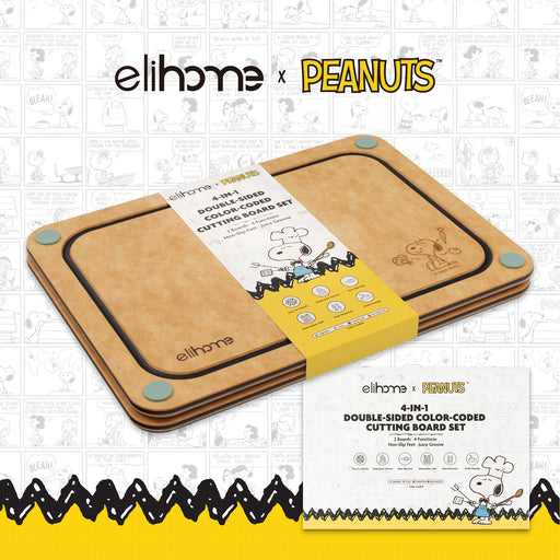 Elihome x Peanuts double-sided cutting board set on a white background with grid pattern