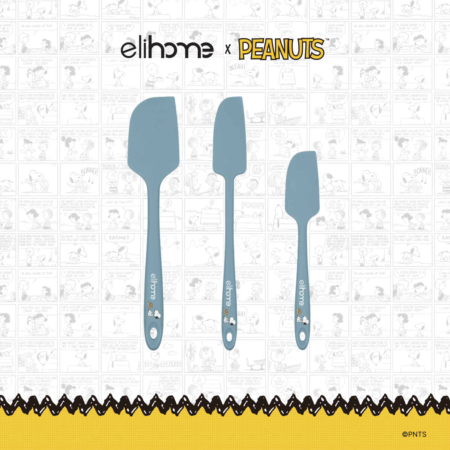 Elihome x Peanuts 3 Piece Silicone Spatula Set with Classic, Skinny and Mini spatulas in Teal Grey with official Snoopy artwork on the handle
