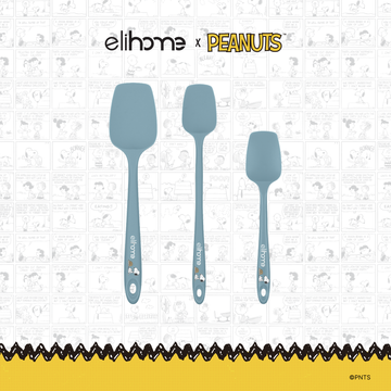Elihome x Peanuts 3 Piece Silicone Spoonula Set with Classic, Skinny and Mini spoonulas in Teal Grey with official Snoopy artwork on the handle