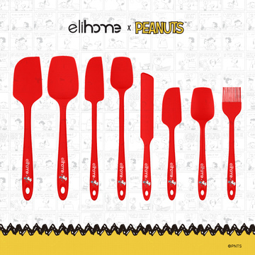 Elihome x Peanuts 8 Piece Silicone Spatula Set with six spatulas and spoonulas, a spreader and a basting brush in Red with official Snoopy artwork on the handle