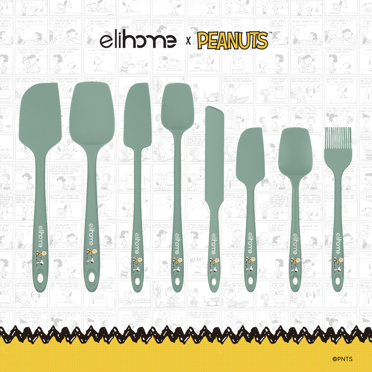 Elihome x Peanuts 8 Piece Silicone Spatula Set with six spatulas and spoonulas, a spreader and a basting brush in Sage Green with official Snoopy artwork on the handle