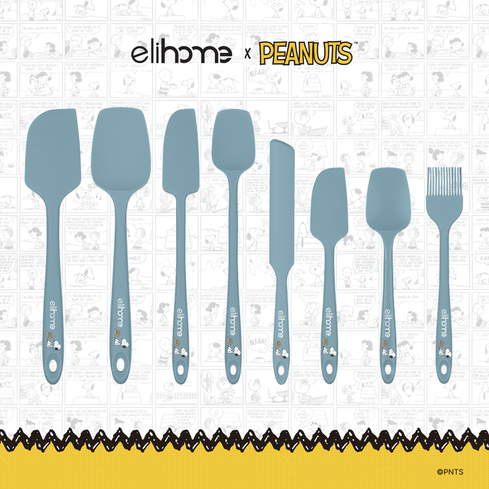Elihome x Peanuts 8 Piece Silicone Spatula Set with six spatulas and spoonulas, a spreader and a basting brush in Teal Grey with official Snoopy artwork on the handle