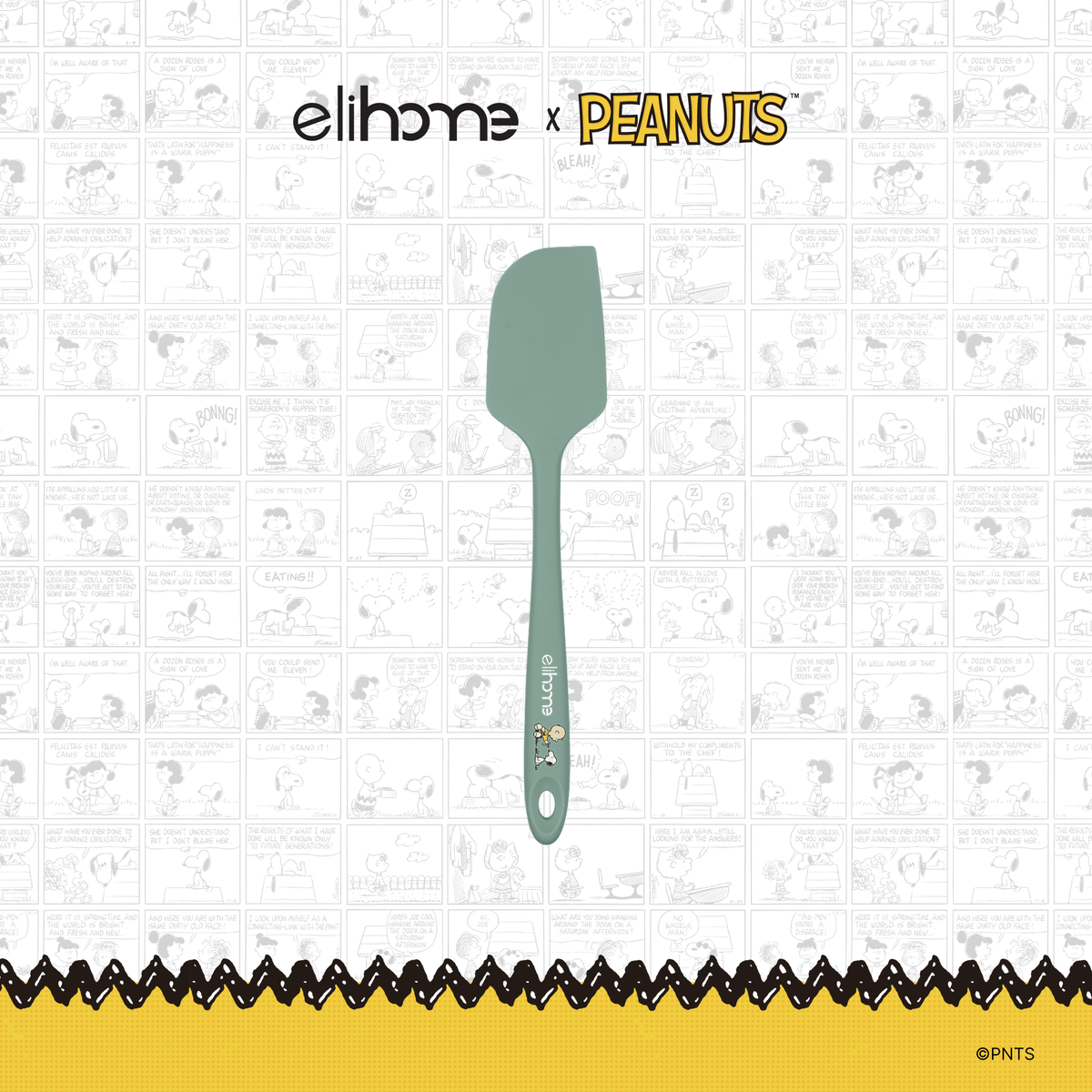 Elihome x Peanuts Classic Silicone Spatula, 11 inches by 2.2 inches in Sage Green with official Snoopy artwork on the handle