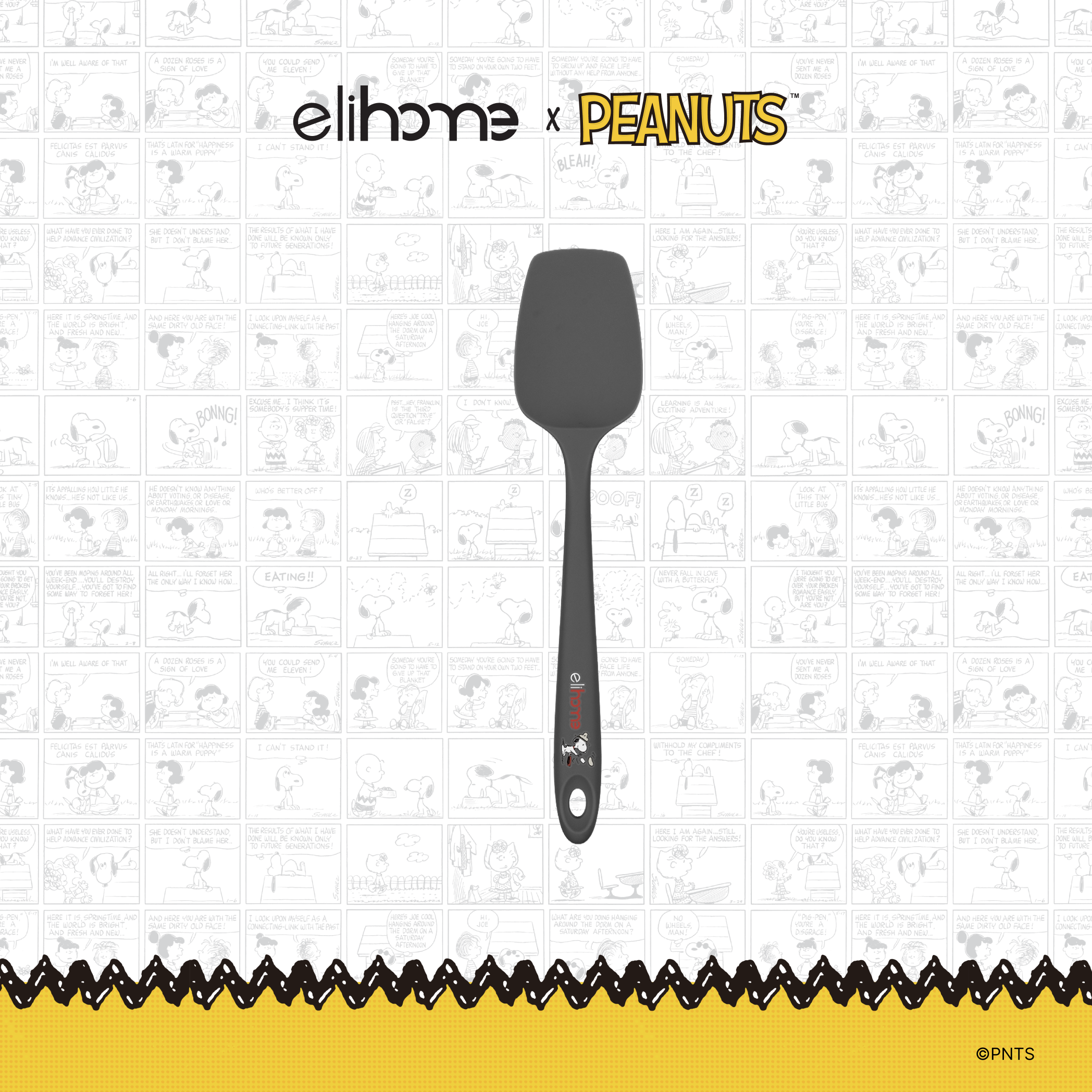 Elihome x Peanuts Classic Silicone Spoonula, 11 inches by 2.4 inches in Grey with official Snoopy artwork on the handle