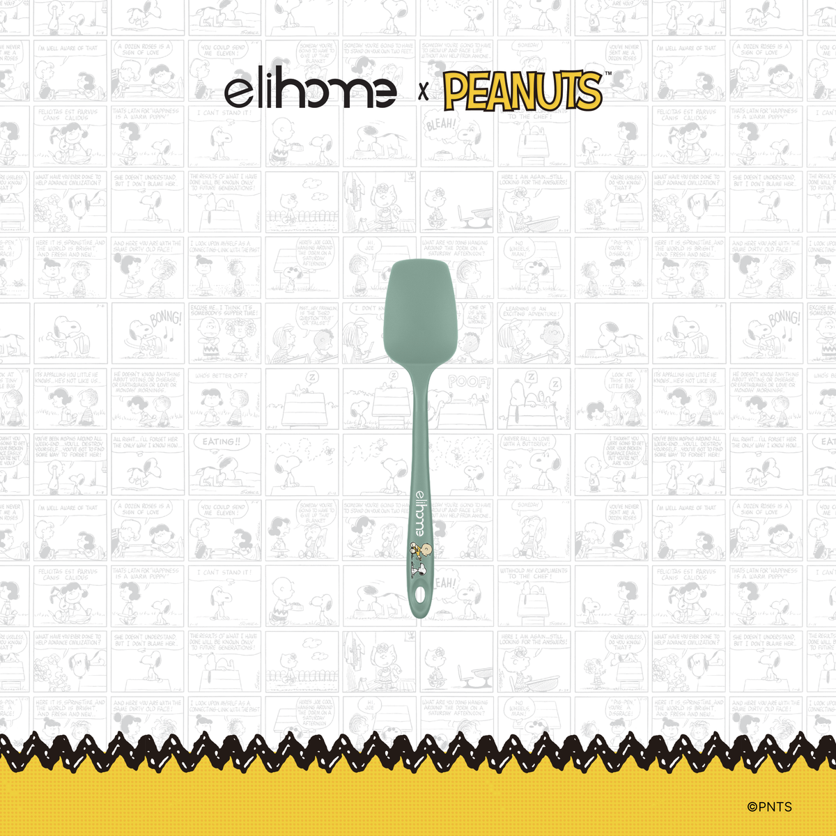 Elihome x Peanuts Mini Silicone Spoonula, 8.75 inches by 1.8 inches in Sage Green with official Snoopy artwork on the handle