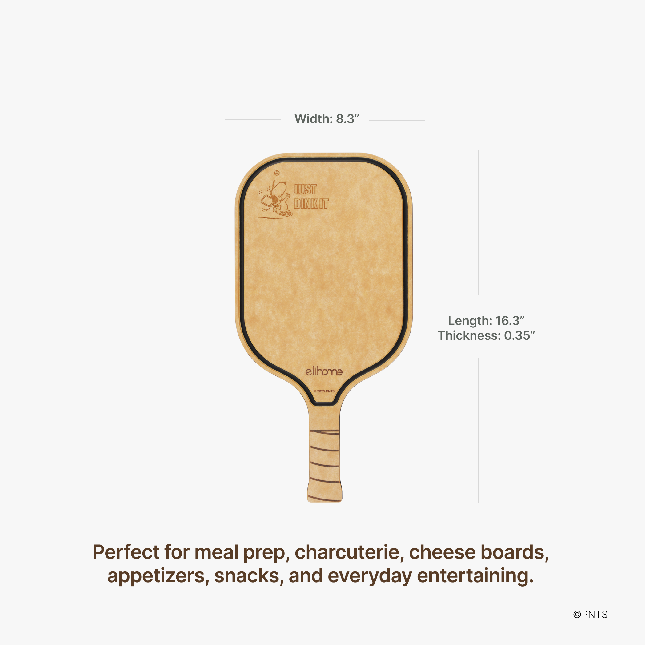 Elihome x Peanuts pickleball charcuterie cutting board measuring 8.3 inches wide, 16.3 inches long and 0.35 inches thick, perfect for meal prep, charcuterie, cheese boards, appetizers and snacks