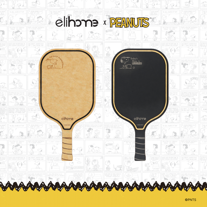 Elihome x Peanuts Pickleball Charcuterie Cutting Board "Eat Sleep Pickleball Repeat", natural side engraved with Snoopy and Eat Sleep Pickleball Repeat, black side engraved with Today's Menu is Pickleball