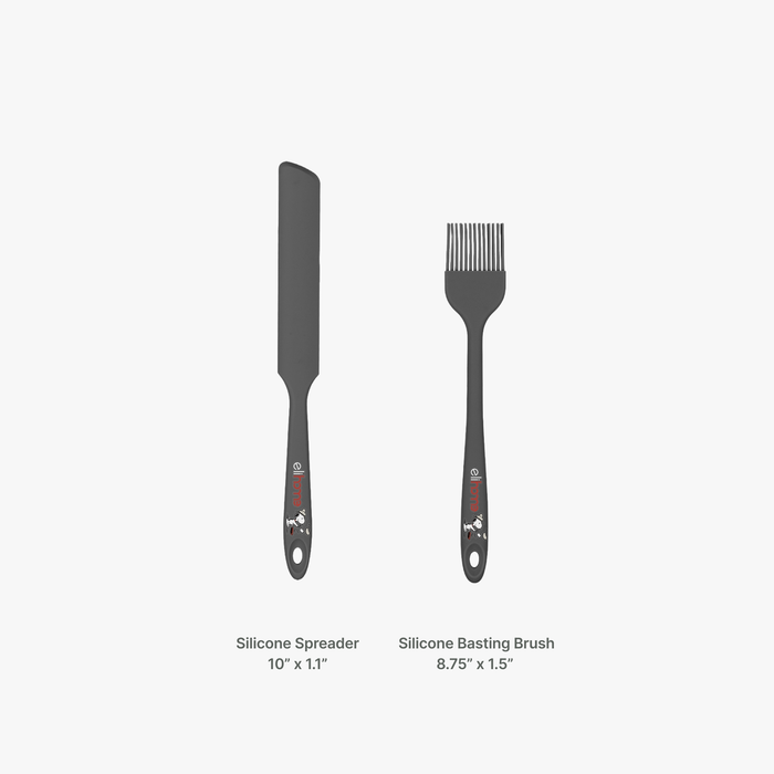 Elihome x Peanuts Silicone Spreader measuring 10 inches by 1.1 inches beside the Silicone Basting Brush measuring 8.75 inches by 1.5 inches
