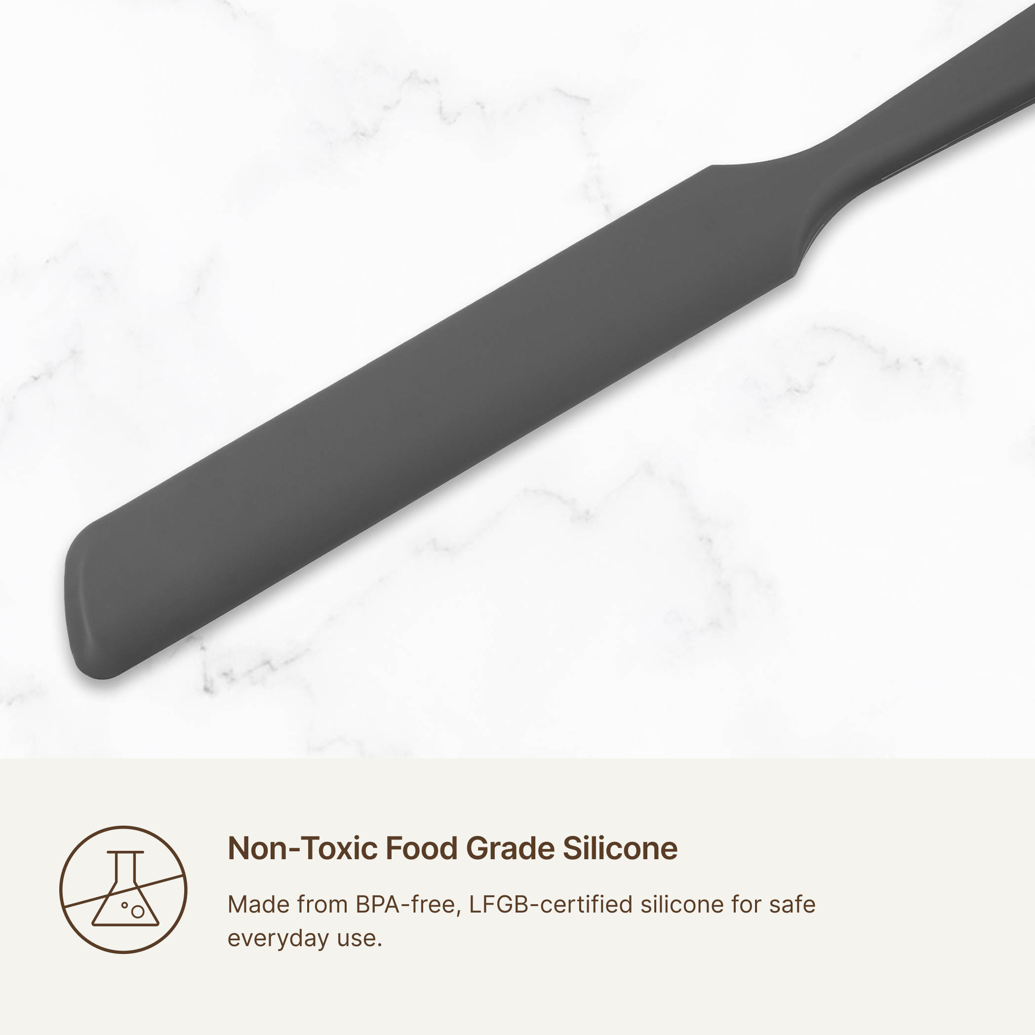 Close-up of the Elihome x Peanuts Silicone Spreader blade, non-toxic food grade silicone made from BPA free LFGB certified material for safe everyday use