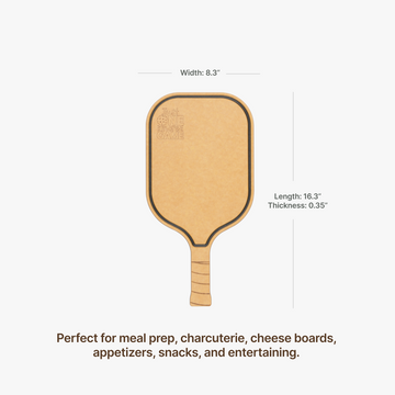 Elihome pickleball paddle cutting board engraved with Just One More Game, measuring 16.3 by 8.3 by 0.35 inches