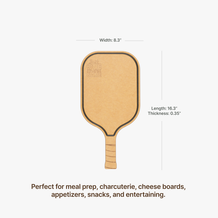 Elihome pickleball paddle cutting board engraved with Just One More Game, measuring 16.3 by 8.3 by 0.35 inches