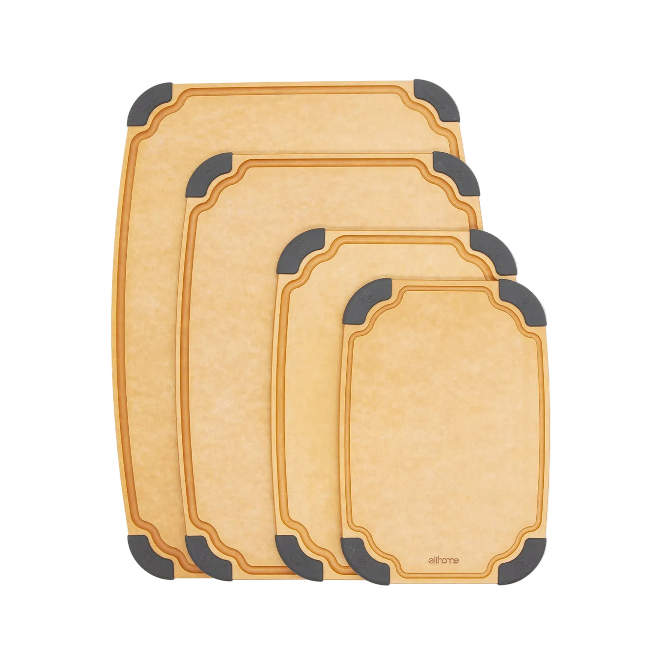 Elihome 4-piece wood fiber cutting board set in graduated sizes with gray non-slip silicone corner feet and juice grooves