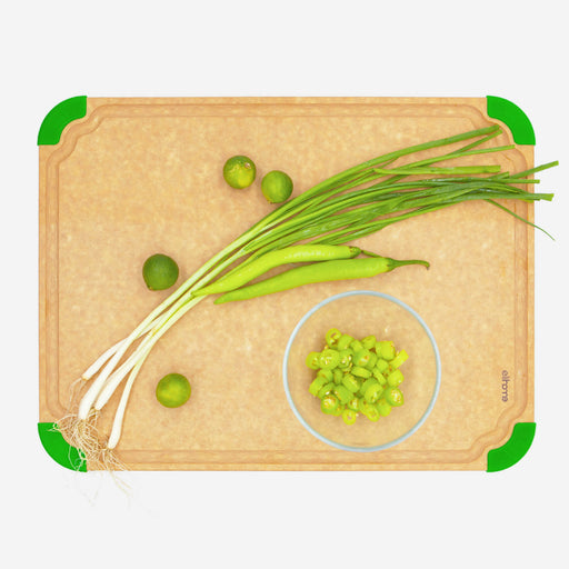 Extra large 14x19 inch non-slip cutting board with juice grooves and corner grips, made in USA.