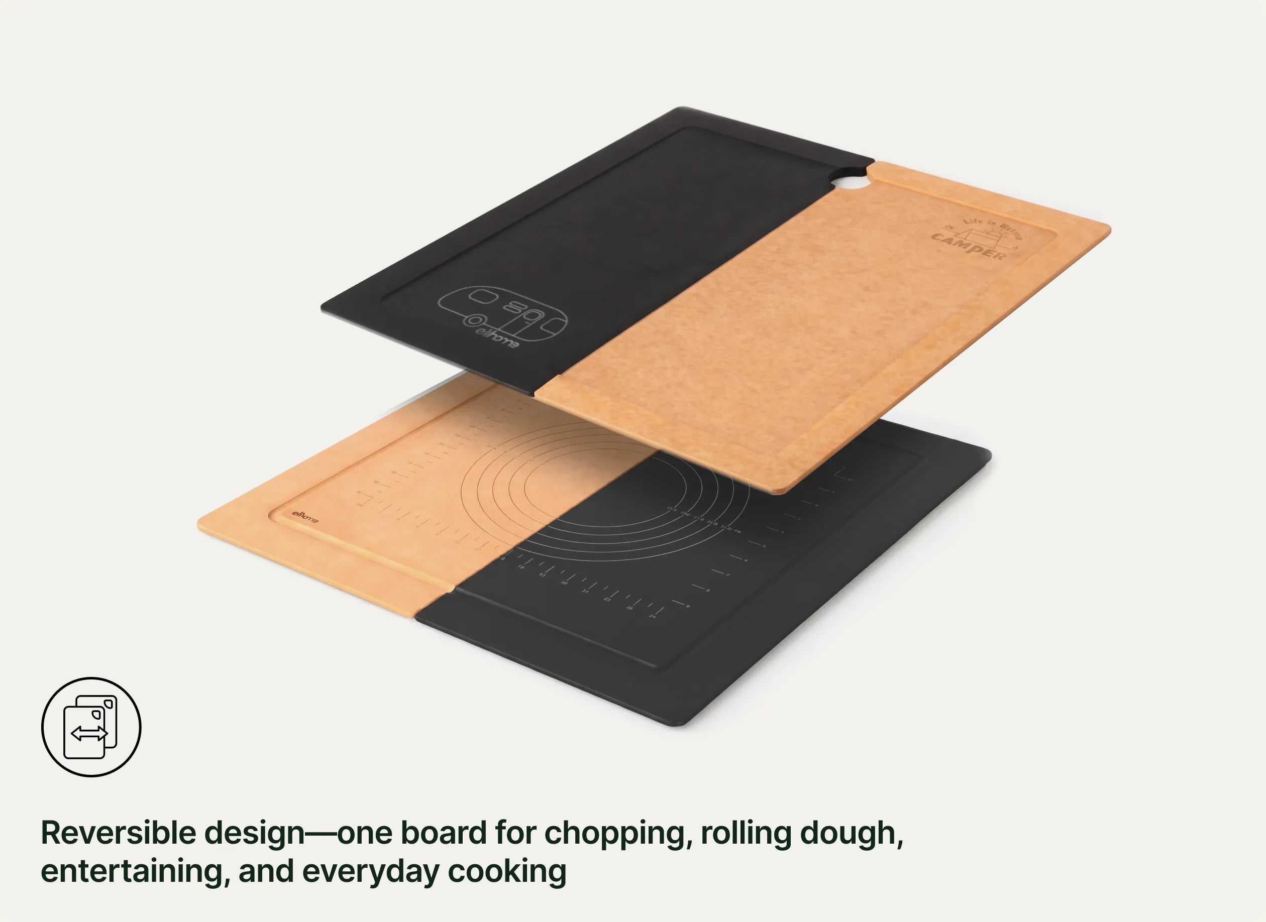 Reversible design—one board for chopping, rolling dough, entertaining, and everyday cooking