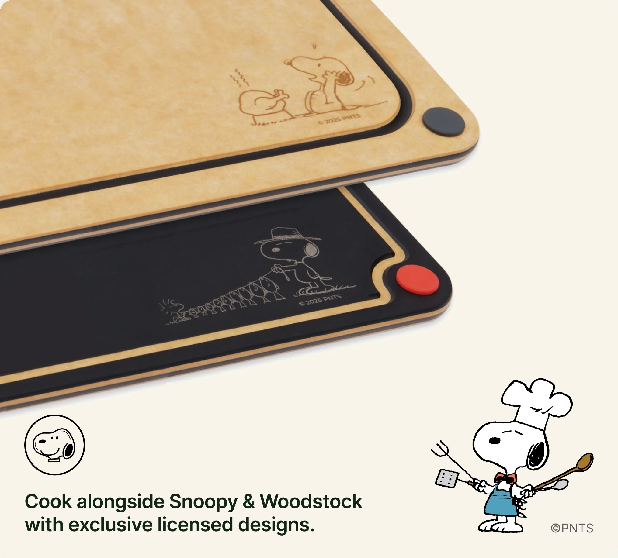 Cook alongside Snoopy & Woodstock with exclusive licensed designs.